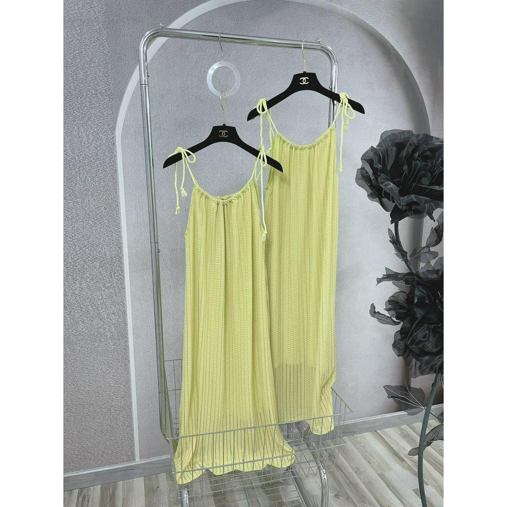 ĐẦM MAXI XANH BƠ CỘT DÂY VAI