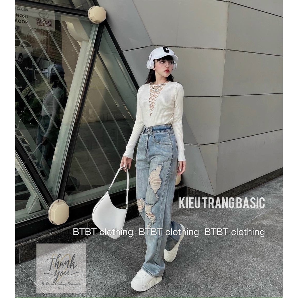 Quần bò suông rách mài hai màu xinh ống rộng dáng dài bò dày dặn đủ size vanmiushop