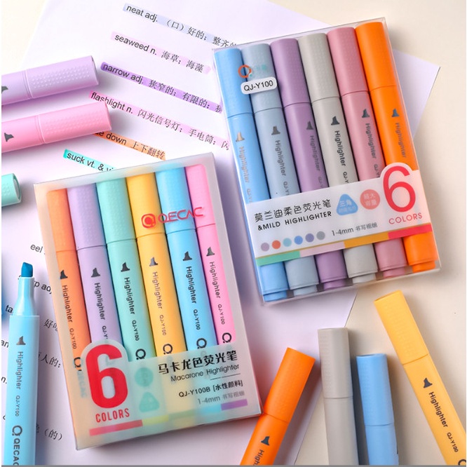 Set 6 bút nhớ highlight đánh dấu dòng QECAC tông màu macaron BAG U QECAC375