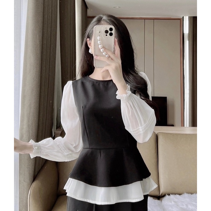 Áo sơ mi dáng peplum RUBY HOUSE chất liệu trượt phối tay tơ -A12