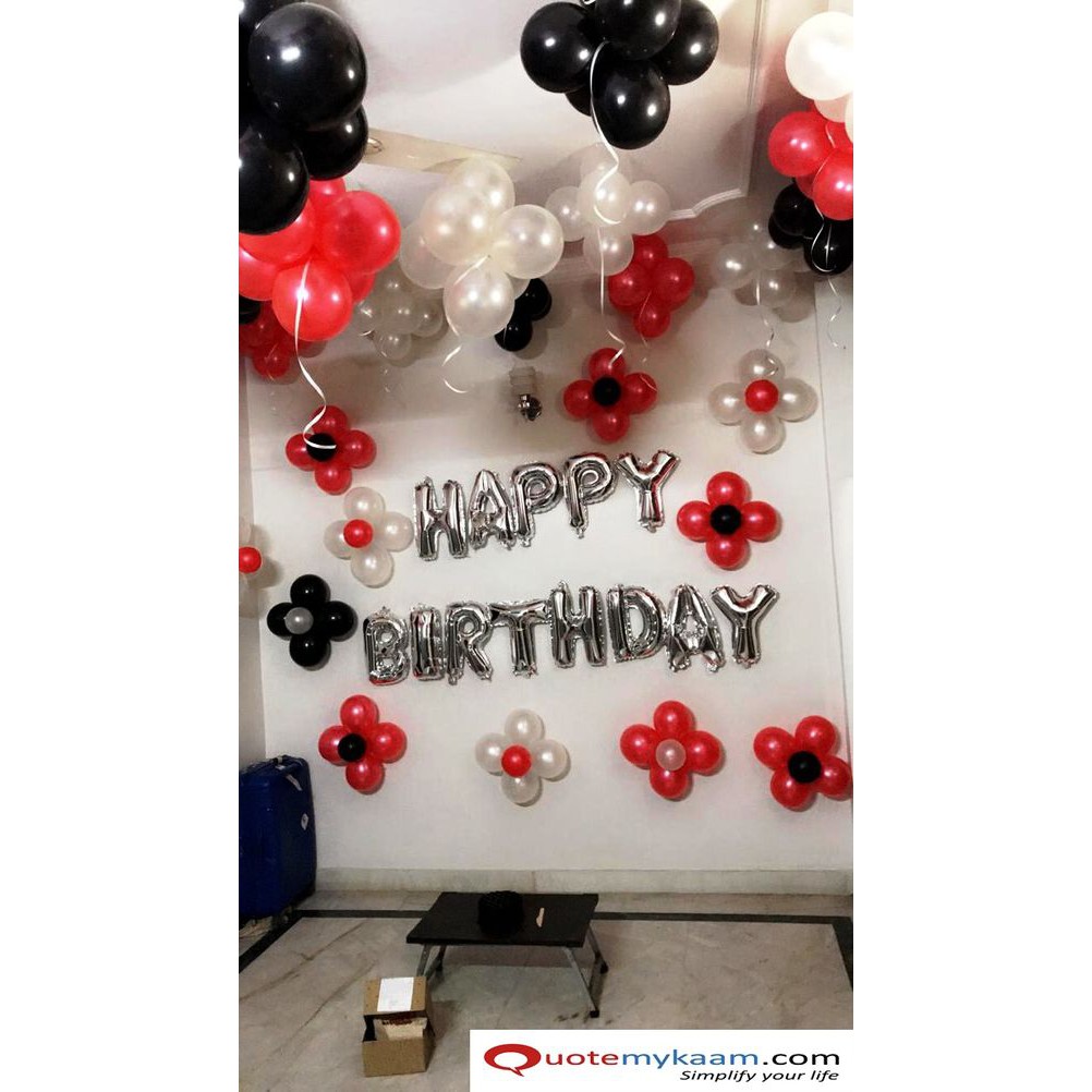 Bộ Bóng Happy Birthday Màu Bạc Tặng Kèm Bóng Tròn Đen Đỏ Bạc