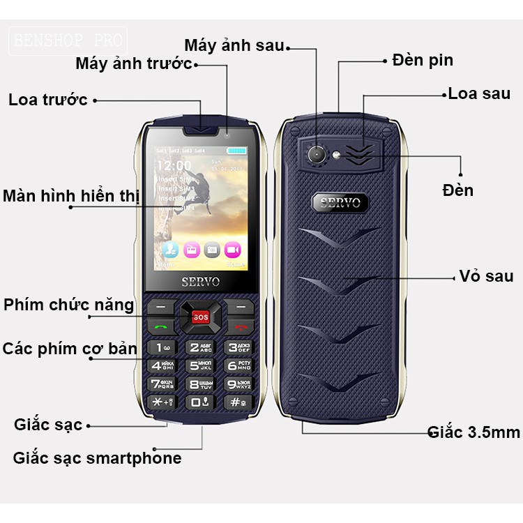 Điện Thoai 4 Sim 4 Sóng Servo H8 Loa To Sóng Khỏe Kiểu Dáng Hầm Hồ Quân Đội Màn Hình 2.8inch Sạc Pin Smart Phone FM