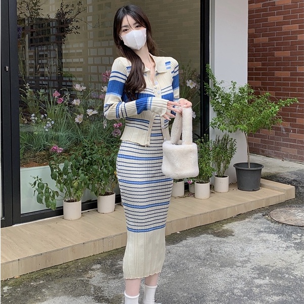 Đầm Hai Dây Dệt Kim Co Giãn Họa Tiết Kẻ Sọc + Áo Sơ Mi Dệt Kim Phong Cách Hàn Quốc Thời Trang Quyến Rũ Cho Nữ