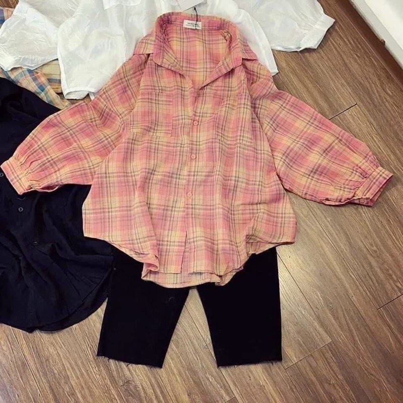 Sơmi sọc kẽ tay dài from rộng mix quần legging thun ngố / dài