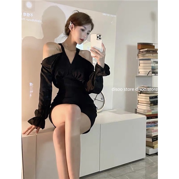 Order Váy trễ vai body đen sexy form dáng trẻ trung ảnh cận chất hình cuối