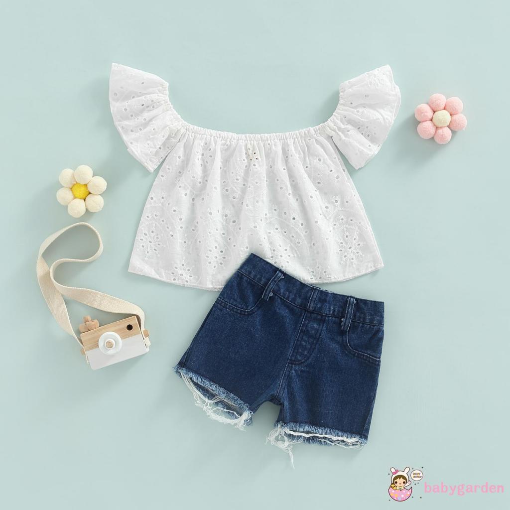 Bộ Áo Thun Trễ Vai Tay Ngắn + Quần Short Denim Thời Trang Mùa Hè Cho Bé Gái 6 Tháng Tuổi 4 Tuổi