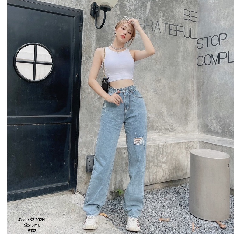 Quần jean ống rộng rách Kpboutique🍀 Màu xanh nhạt đẹp ống quần rộng chất jean mặc thích dễ phối đồ 202N