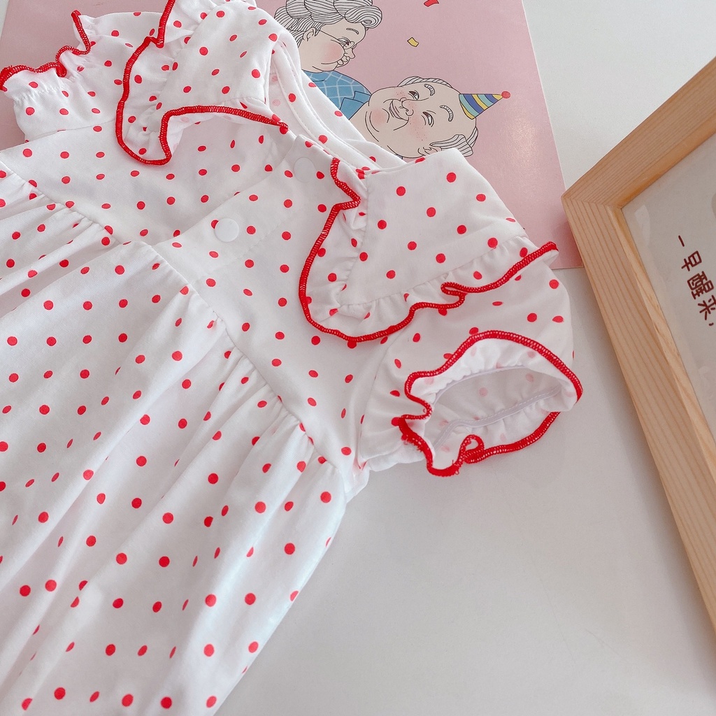Áo Liền Quần Tay Ngắn Cổ Búp Bê Phối Ren Họa Tiết Chấm Bi Thời Trang Mùa Hè Dễ Thương Cho Bé Gái | BigBuy360 - bigbuy360.vn