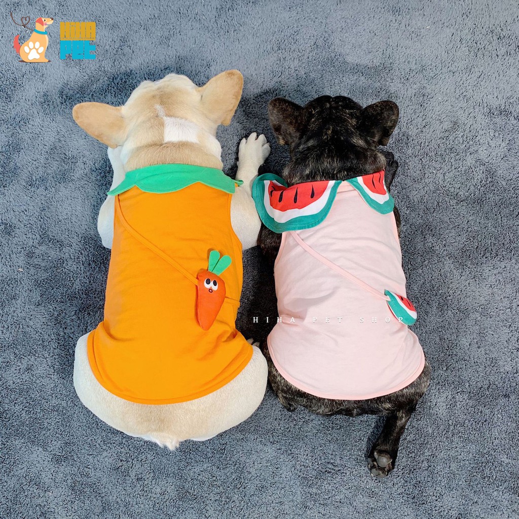 Áo thun mùa hè chó mèo mát mẻ dễ thương Pug, Pull, Poodle mặc quần áo thú cưng hình trái cây có túi đeo Hihapet