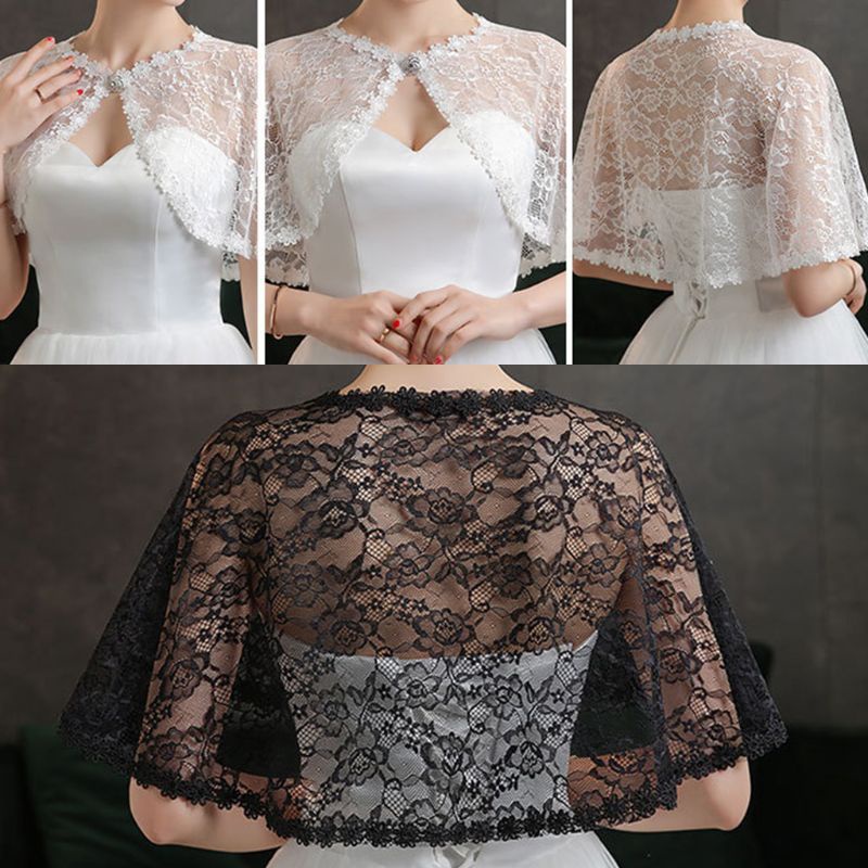 Áo choàng vải ren hoa có khóa cài phía trước đính đá giả phối đầm cưới thời trang cho cô dâu