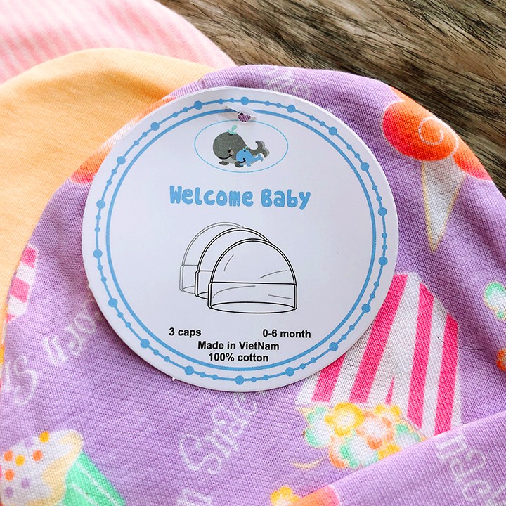 Set 3 nón sơ sinh cho bé trai và bé gái từ 0-6 tháng tuổi chất thun cotton dày đẹp giữ ấm cho bé Baby-S – SSS004