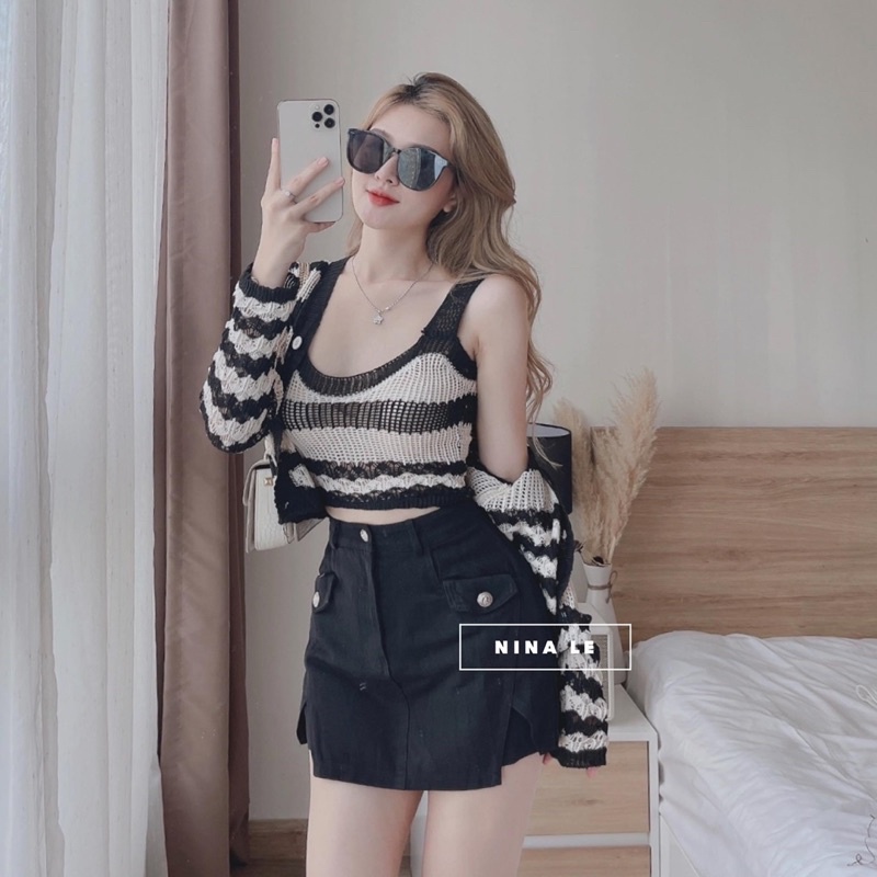 Set Cadigan Len Kẻ 2 Món Áo Khoác Mix Áo 3 Lỗ