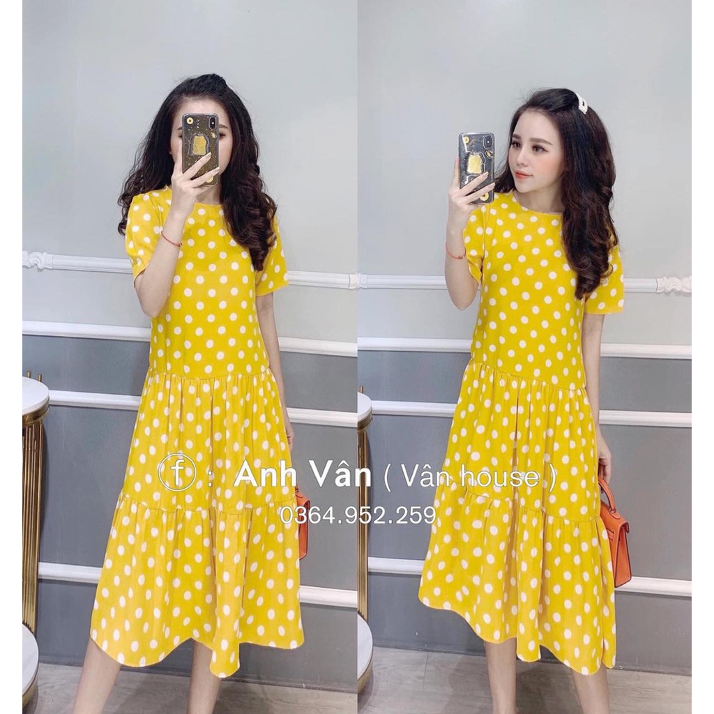 Váy Chấm Bi Nữ 2 màu Vàng Đen FREESIZE - Chất Voan lụa cực đẹp- mặc mát sang chảnh - Đầm đi biển