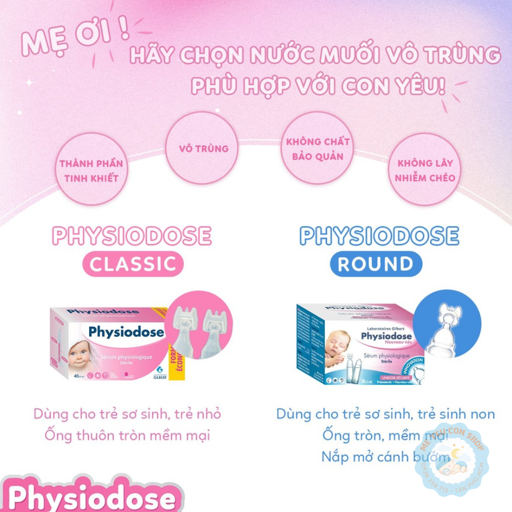 [Tặng 10 ống]  Nước Muối Sinh Lý Physiodose Round Vệ Sinh Tai, Mũi, Mắt Cho Bé (Hộp 30 ống x 5ml)