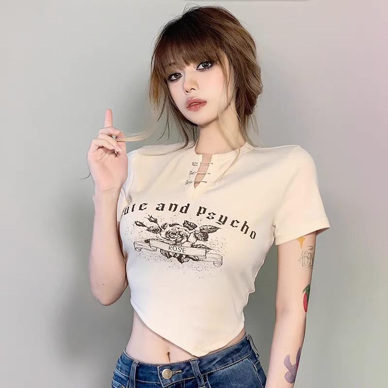 Áo Croptop Body Tay Ngắn PINKSTORE29, Dáng Ôm Họa Tiết In Hoa Hồng A5462