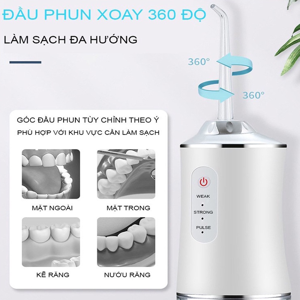 Máy tăm nước cầm tay cao cấp 3 chế độ tùy chỉnh vệ sinh răng miệng làm sạch kẽ hiệu quả chống thấm nước tặng kèm 4 đầu