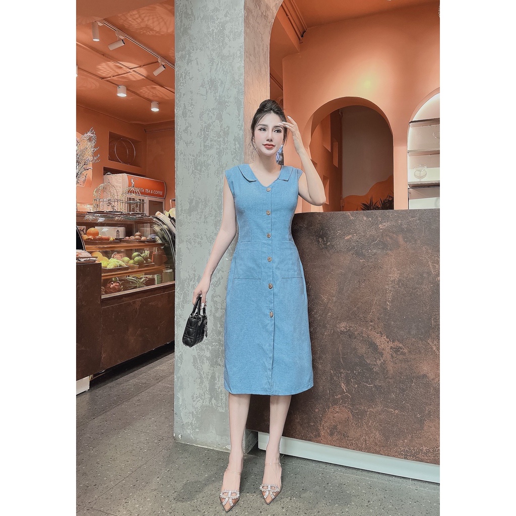 Đầm tiểu thư phối nút hai túi dễ thương màu xanh hồng