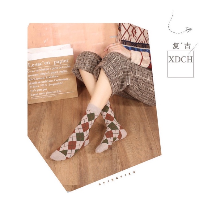 Tất Vớ Nam Nữ Unisex,Tất Vớ Cao Cổ Caro,Vintage Cổ Điển Phong Cách