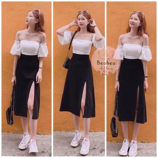 [Ảnh thật] Chân váy đen midi xẻ đùi cá tính ulzzang