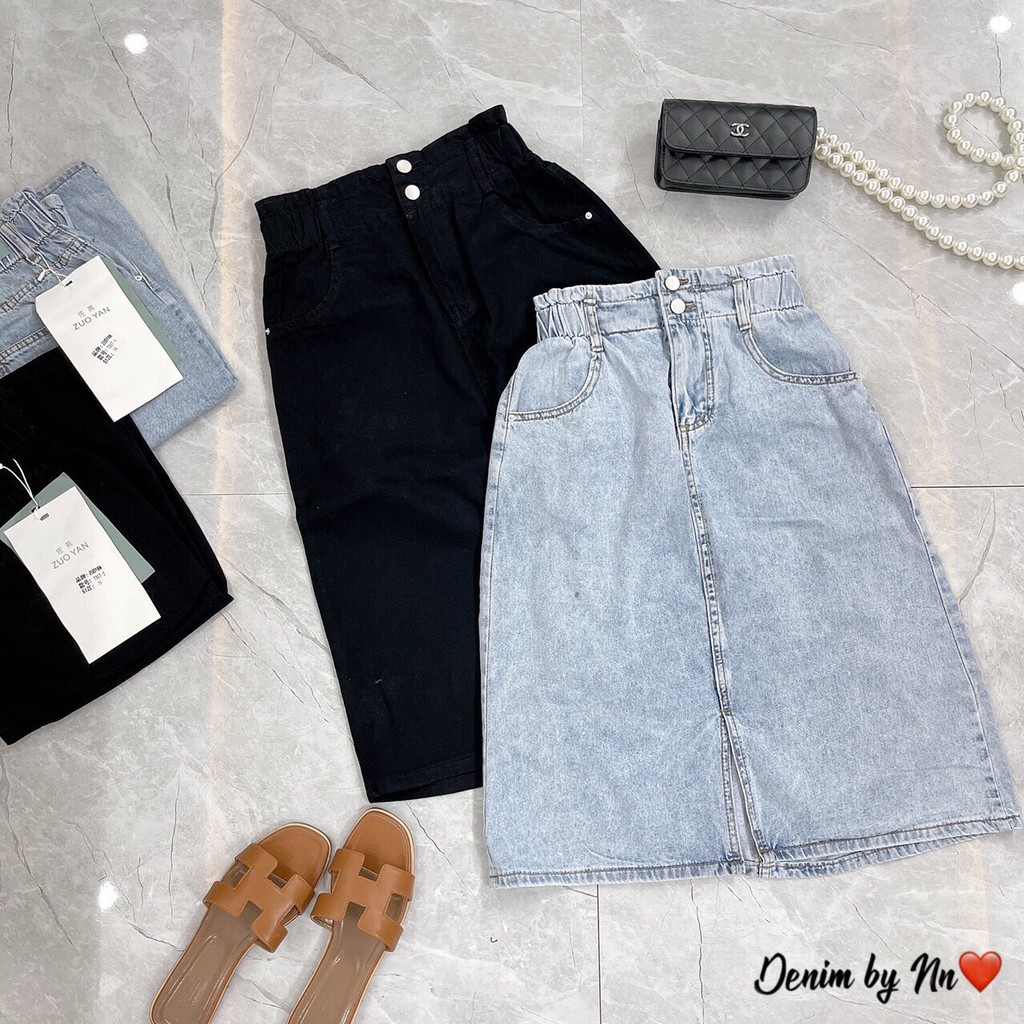Chân váy jean cạp chun, chân váy bò chữ a 2 màu đen, xanh | BigBuy360 - bigbuy360.vn