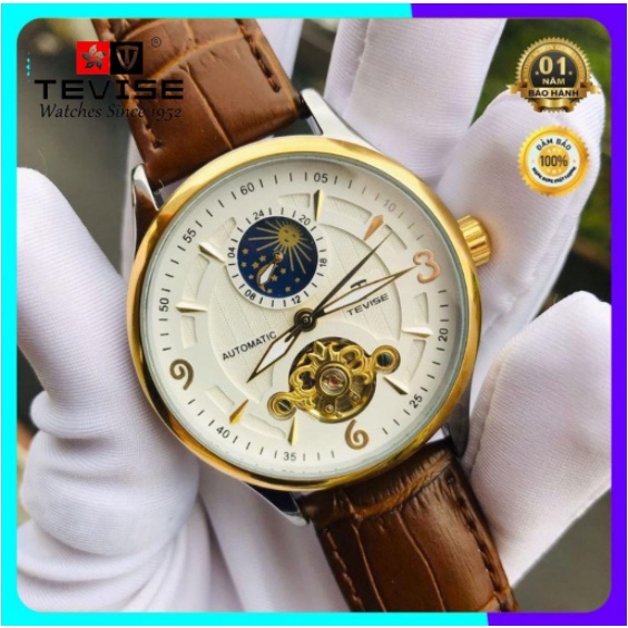 Đồng hồ cơ nam automatic dây da cao cấp cực bền hiệu tevise chính hãng (tặng kèm hộp + Vòng Tay)