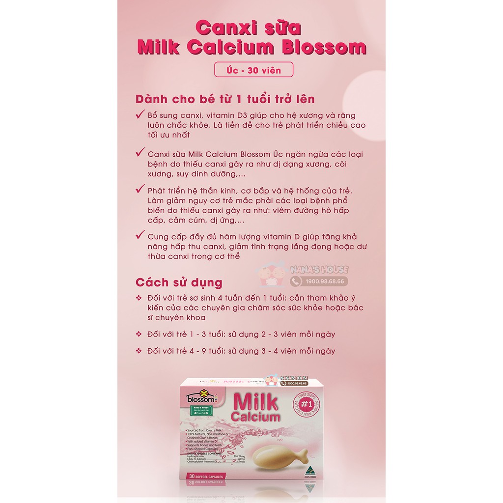 Canxi sữa Milk Calcium Blossom Úc – 30 viên (Từ 1 tuổi)