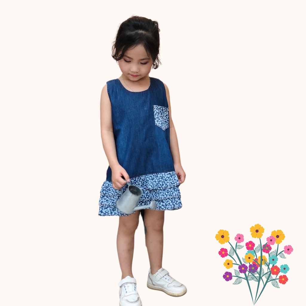 [Mã BMBAU50 giảm 7% đơn 99K] Váy Jean Bé Gái 9-25kg Phối Bèo Gấu Hoa, Túi Ngực Hoa SILBER KIDS