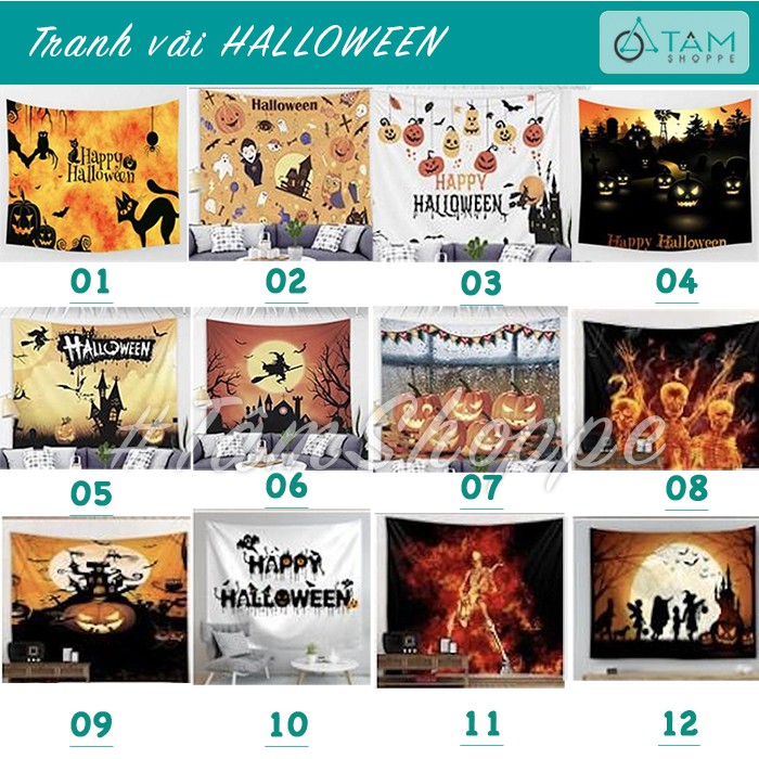 Tranh vải Halloween treo tường nhiều kiểu 130x150cm TRANH-21 tan