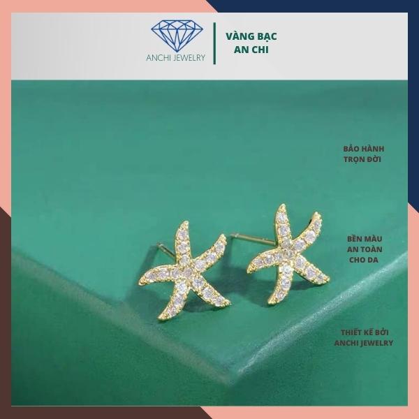 Bông tai sao biển chuẩn bạc ý 925 xi vàng đính đá - Anchi jewelry
