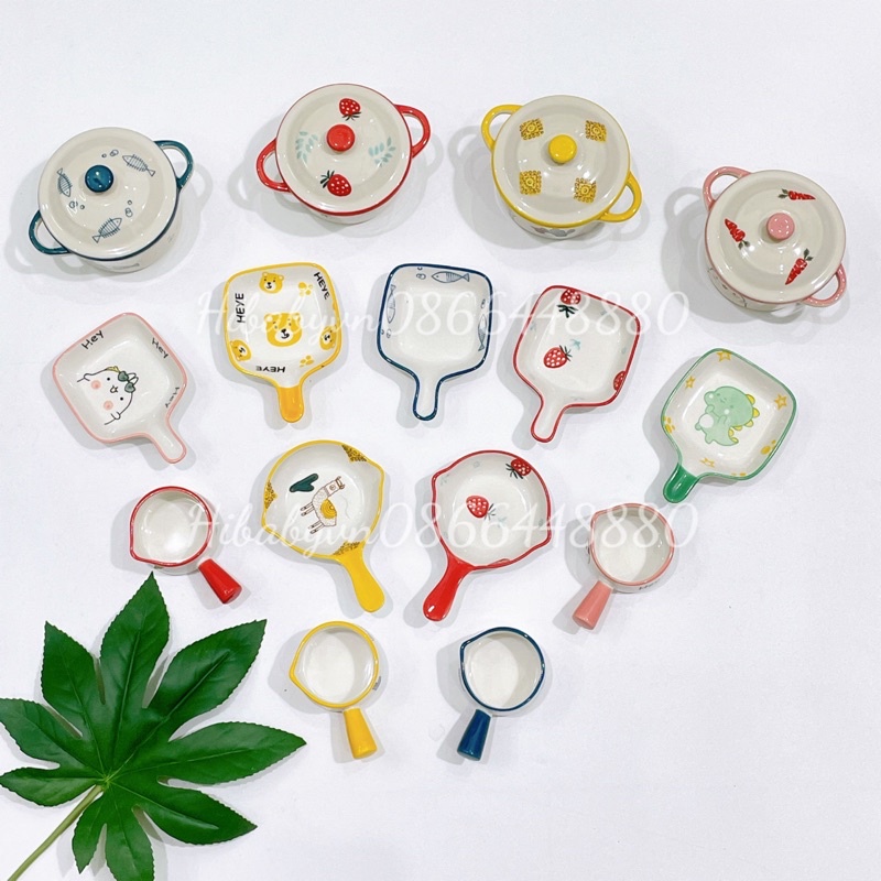 Bộ Nồi, Chảo, Gáo Hoạ tiết sứ Cao Cấp Cho Bé Ăn Dặm, Decor Gia Đình