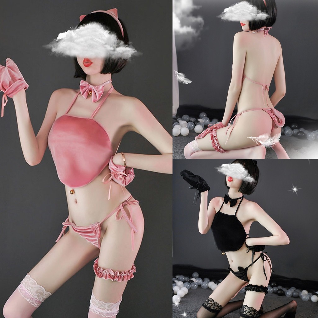 Cosplay tai mèo sexy 💝 Free ship 💝 áo yếm gợi cảm chất nhung cao cấp