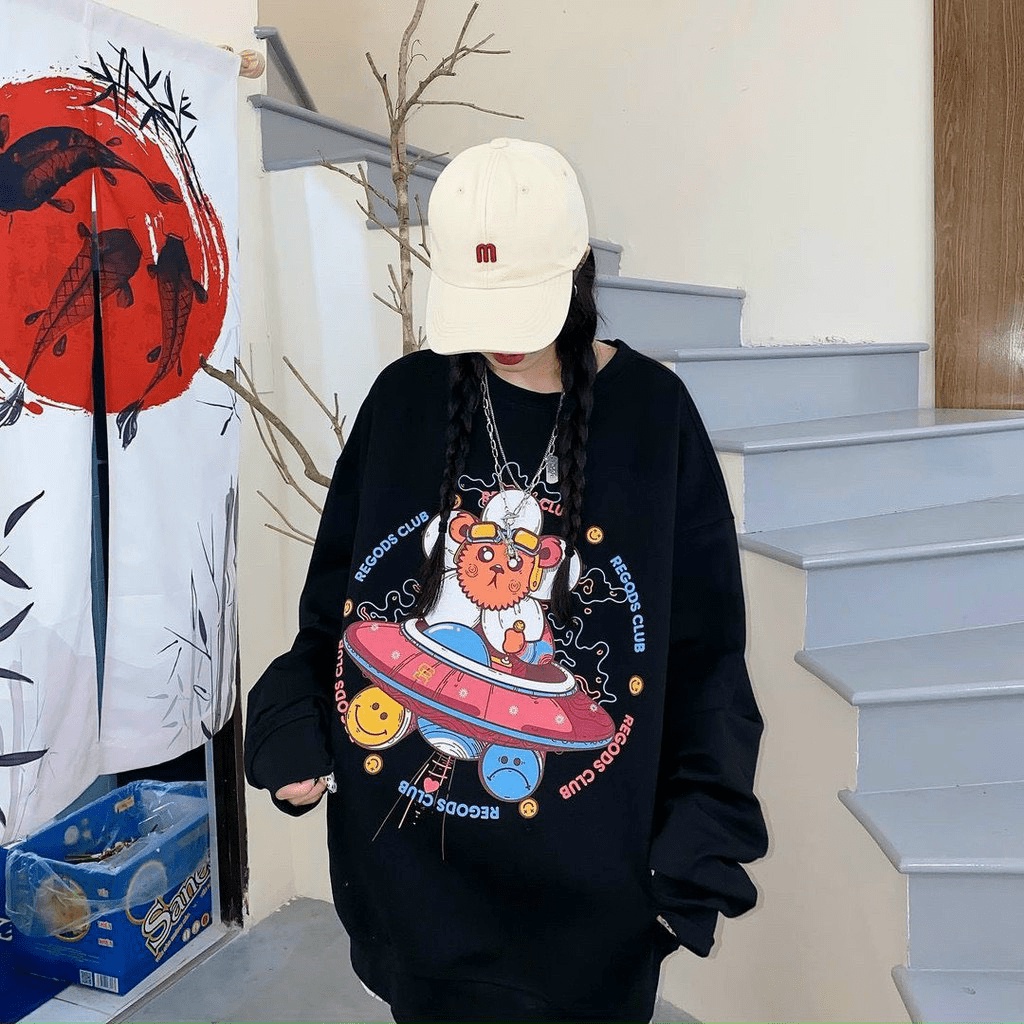 (Free Ship) Áo Khoác Hoodie Kiểu Sweater In Chú Gấu Ngoài Hành Tinh Siêu Cute Hạt Me h.h.p