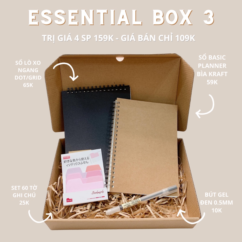 Essential Box Ver. 3 - Stationery Gift Box, Sổ Basic Planner Lên Kế Hoạch, Sổ Dot Grid, Note Ghi Chú, Bút Gel Đen 0.5mm