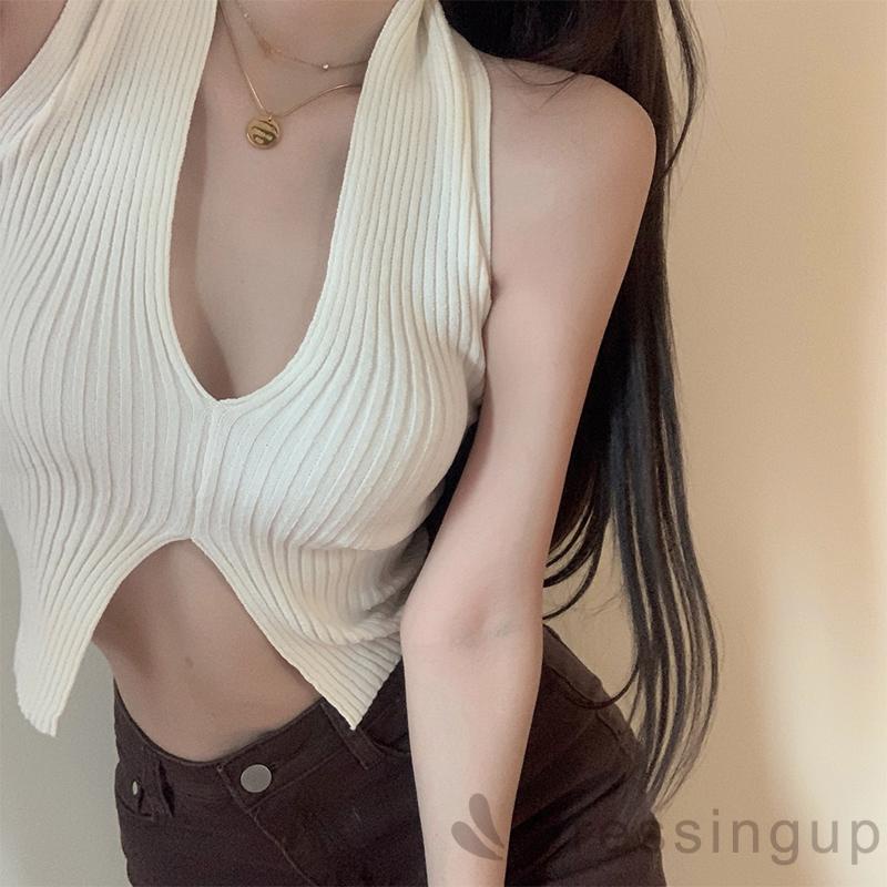 Áo Croptop Sát Nách Cổ Chữ V Hở Lưng Xẻ Tà Dáng Ôm Thời Trang Cho Nữ