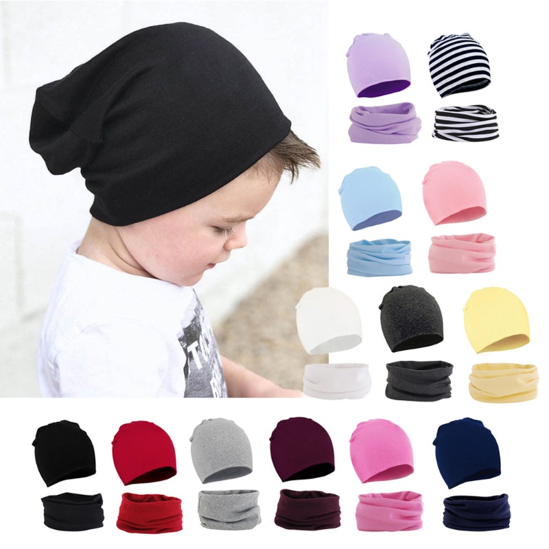 Set 2 phụ kiện gồm mũ và khăn quàng màu trơn vải cotton giữ ấm thời trang thu đông cho bé trai và bé gái