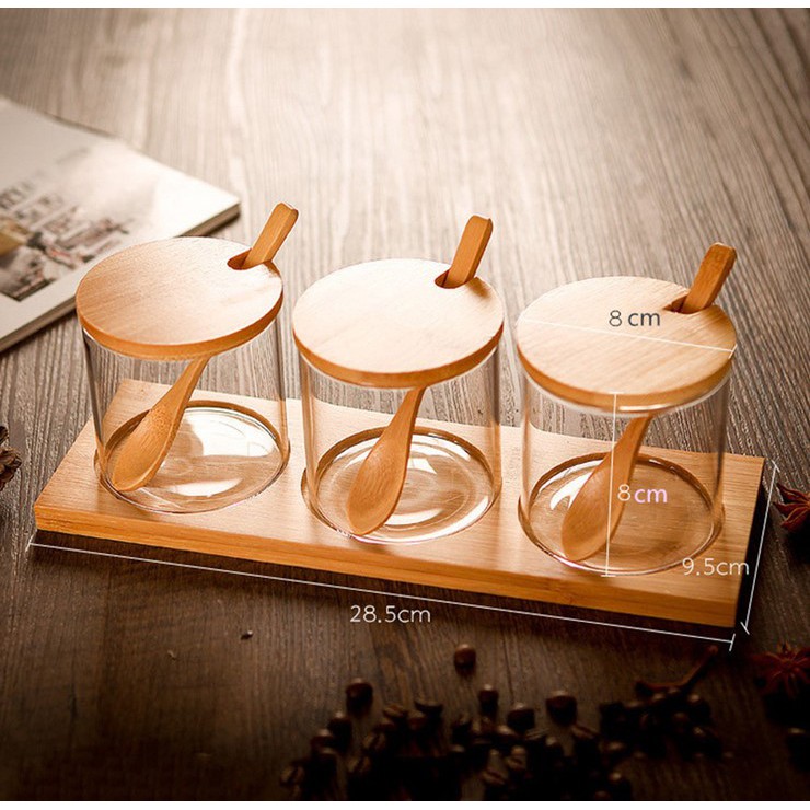 Bộ 3 Lọ đựng gia vị thủy tinh kèm đế gỗ cao cấp, hũ đựng gia vị kèm thìa tiện lợi FAMAHA | BigBuy360 - bigbuy360.vn