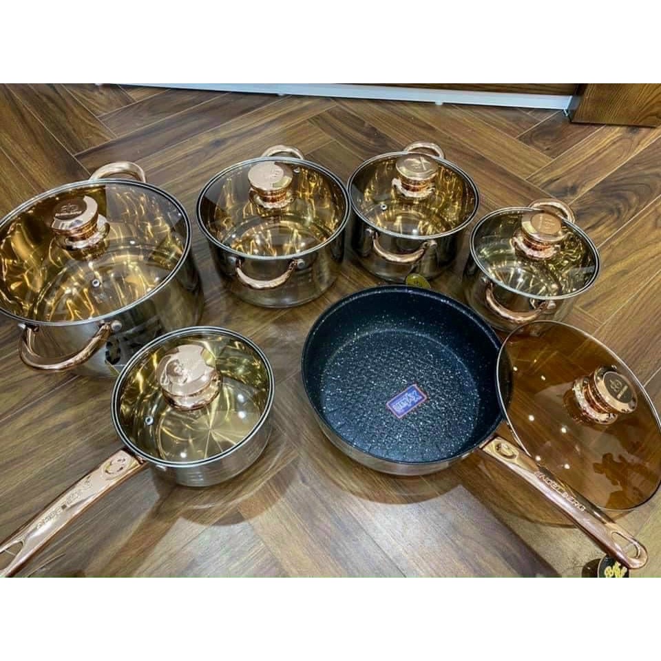 Set Bộ nồi Đức 5 đáy Yimeitai gồm 6 món lắp hợp kim vàng dùng cho mọi loại bếp điện, bếp từ, bếp ga