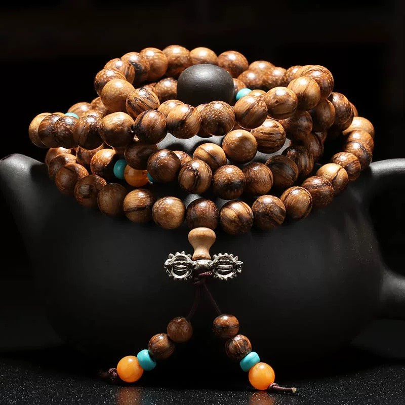 Vòng 108 Hạt Gỗ Hoàng Dương Decor Tượng Phật Taplo Xe Ô Tô , Vòng Tay Phong Thủy Cao Cấp