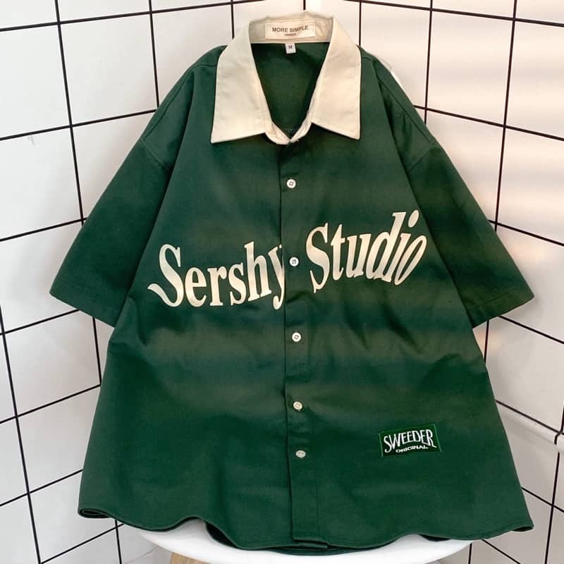 Sơmi tay lỡ SERSHY màu XANH LÁ/KEM Nam nữ unisex  Áo Sơ Mi form rộng style Ulzzang/ JayStoree2