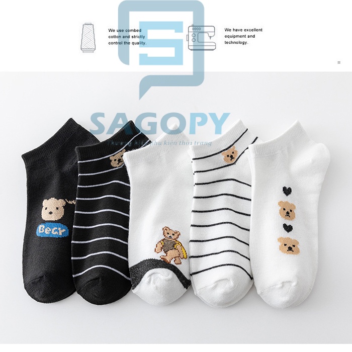 Tất nam nữ cổ ngắn cute Gấu trắng đen, vớ nữ nam cổ thấp Vintage hàn quốc chống hôi chân Sagopy TN40