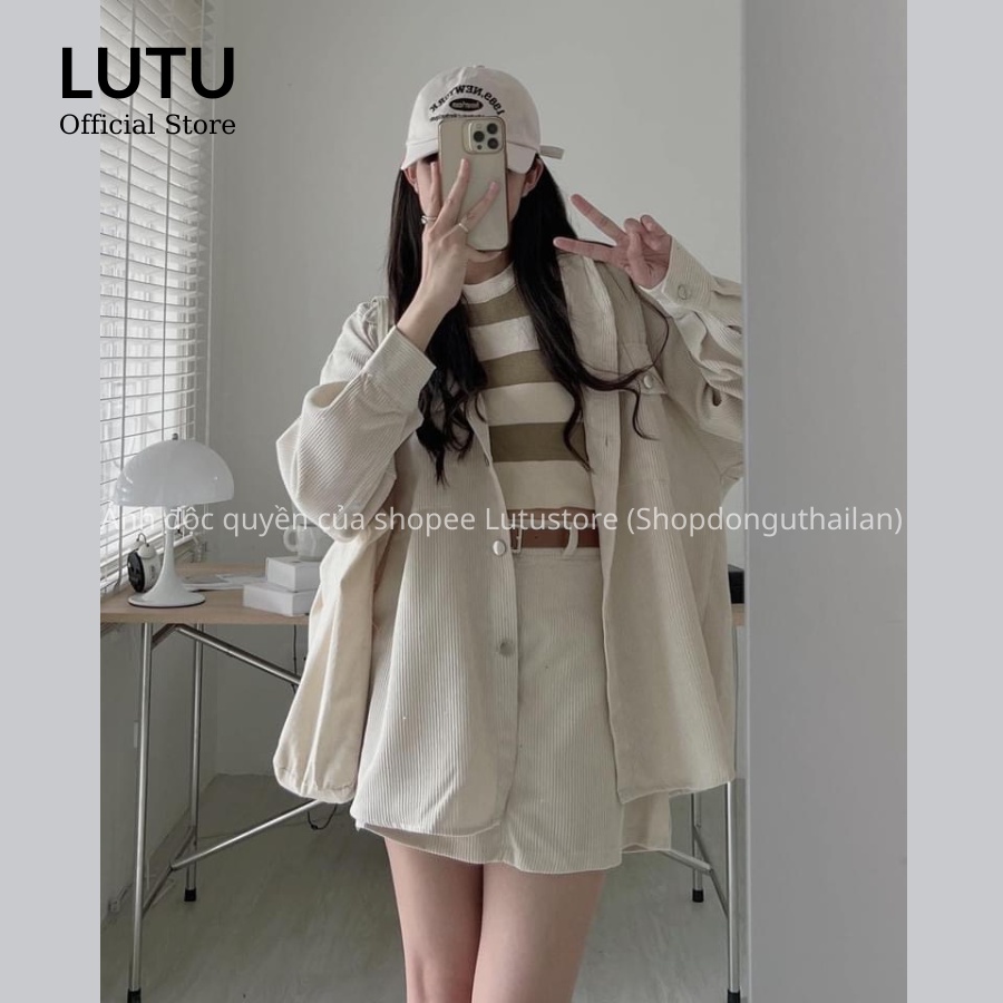 Set áo khoác sơ mi nhung tăm dài tay mix chân váy chữ A trẻ trung