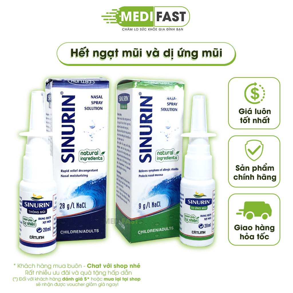 Xịt thông mũi Sinurin chai 20ml giảm ngạt mũi xoang, dị ứng thời tiết của dược Cát Linh từ muối biển ưu trương