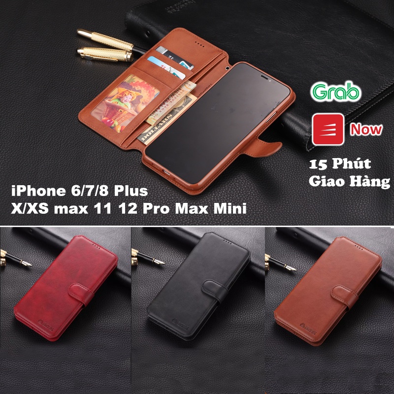 [IP13] Bao da ốp lưng điện thoại iphone 6 7 8 se plus x xr xs max 11 12 13 mini pro max kèm ví da thật mềm mịn bền azns