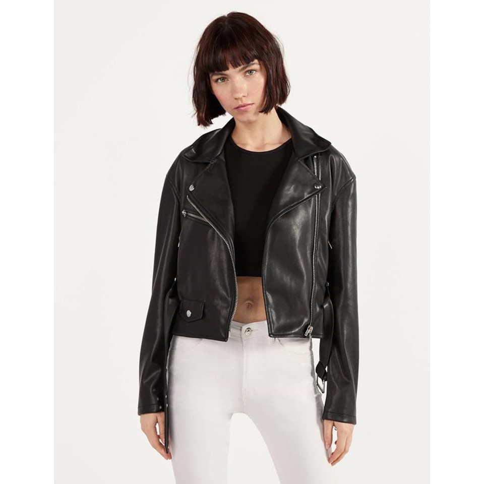 Áo da nữ hai màu đen- trắng chuẩn đẹp