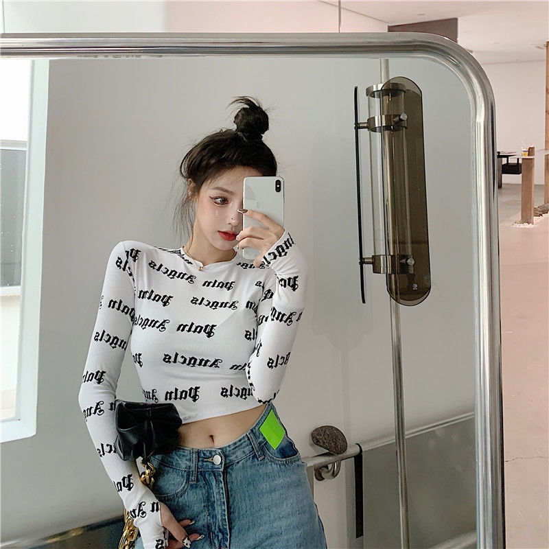 IELGY Áo Thun Lửng Tay Dài Dáng Ôm In Chữ Thời Trang Cho Nữ