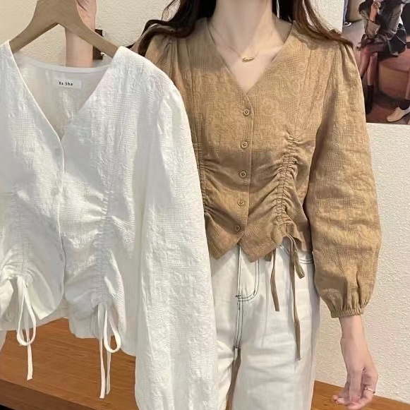 Áo Sơ Mi Nữ Dây Rút Dài Tay Cổ Chữ V Phong Cách Hàn Quốc Baju Baju Wanita Lengan Panjang Hàng Mới Có Sẵn
