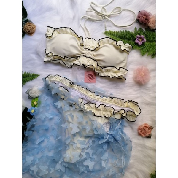 Bikini 2 Mảnh Viền Bèo Nơ Quay Ngực Eo Cao Sexy Siêu Nâu Tây