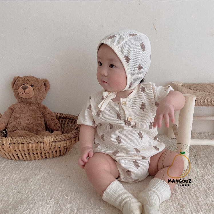 Bộ Đồ Liền Thân Cộc Tay Họa Tiết Gấu Kèm Mũ Cho Bé Trai Và Bé Gái M017