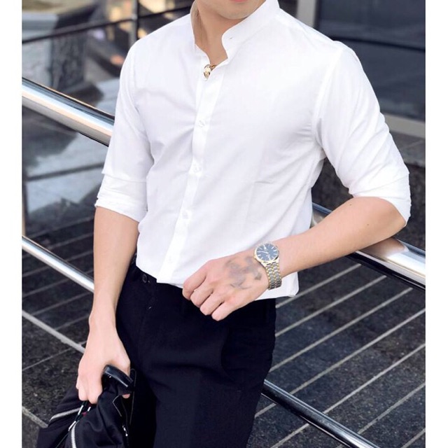 Sơ mi Nam Hàn cổ bẻ trắng ,đen - cổ tàu trắng ,đen hàng vải lụa cao cấp ôm dáng thời trang trẻ | BigBuy360 - bigbuy360.vn