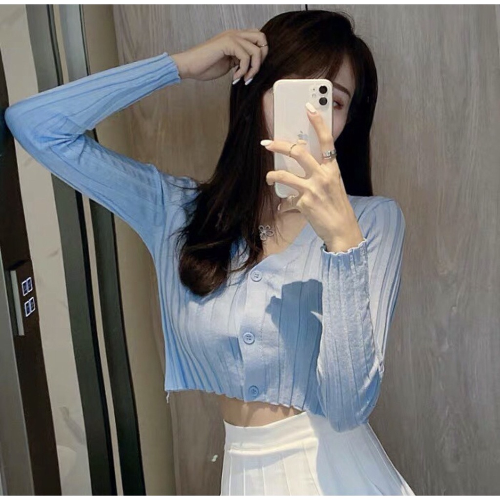 Áo cardigan croptop cổ V cài khuy phong cách trẻ trung kiểu ulzzang freesize